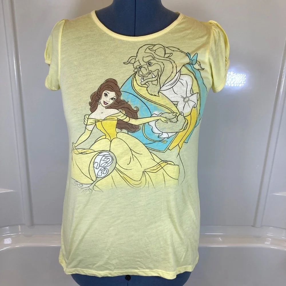 Beauty and the Beast Shirt YOUTH Sz XL Yellow Short Sleeve Glitter Disney